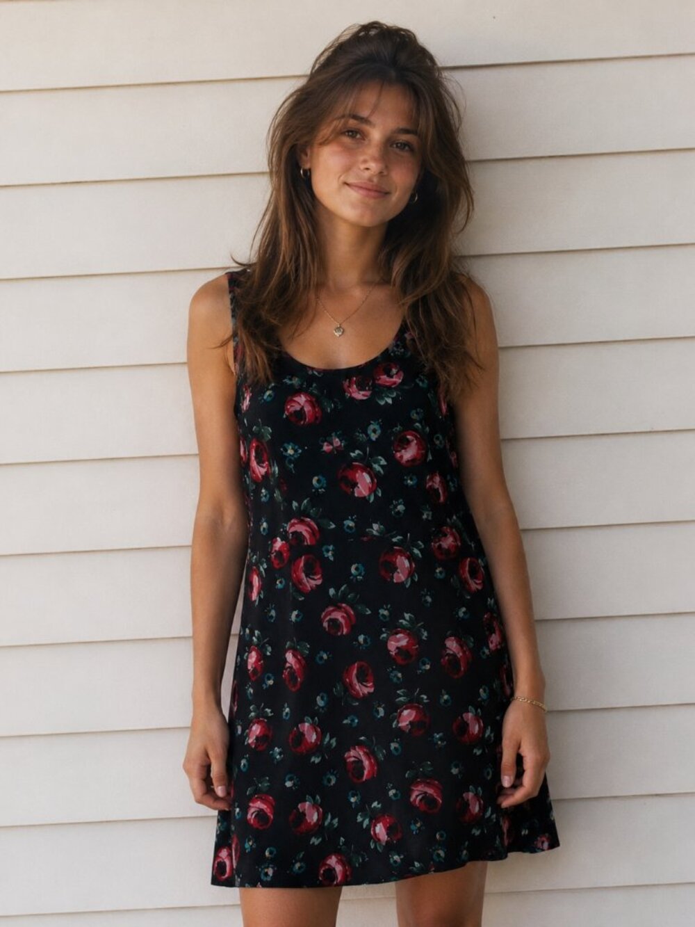 Vtg 90s Velvet Esprit Black Dress with Red Floral Pattern GORGEOUS